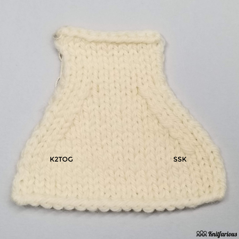knitted swatch showing k2tog and ssk mirrored, blended decreases