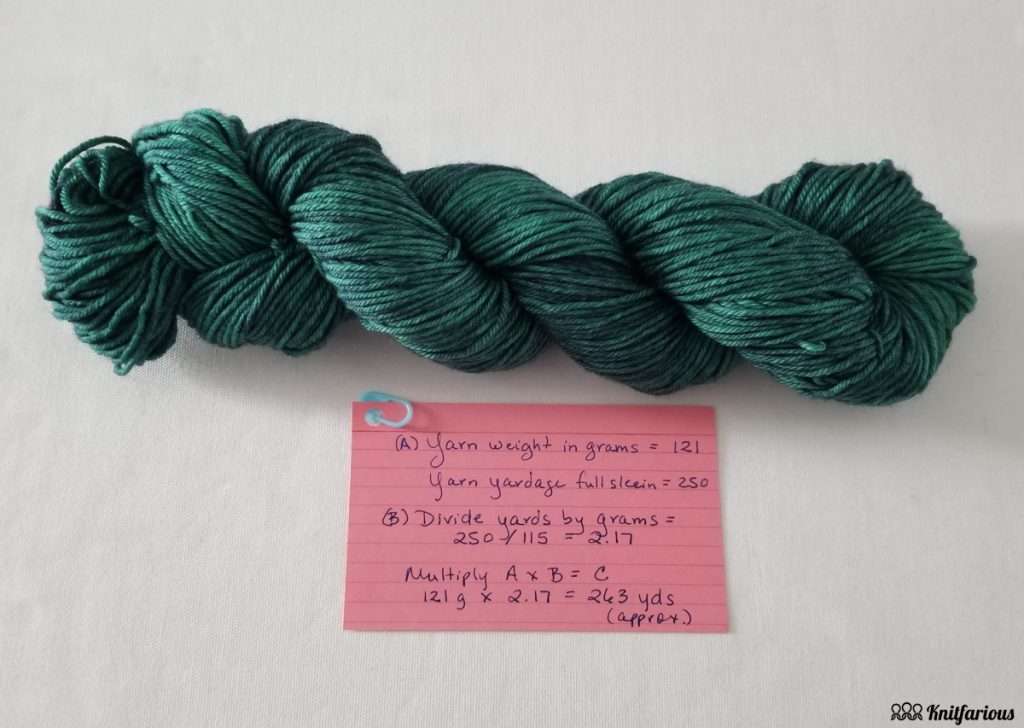 after you weight your yarn and complete your yarn calculations, write down your results on an index card and clip it to the yarn with a locking stitch marker