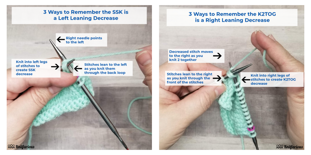 three ways to remember the ssk is a left leaning decrease and the k2tog is a right leaning decrease in knitting