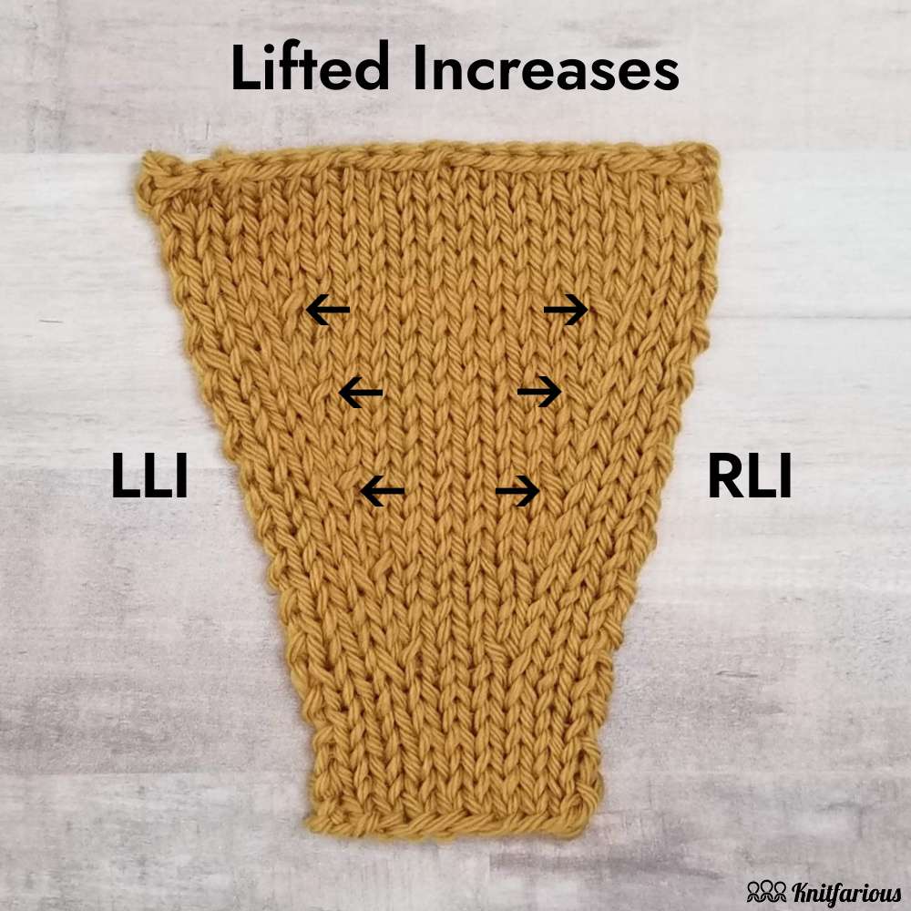 right lifted increases (RLI) and left lifted increases (LLI) placed every other right side row on stockinette fabric