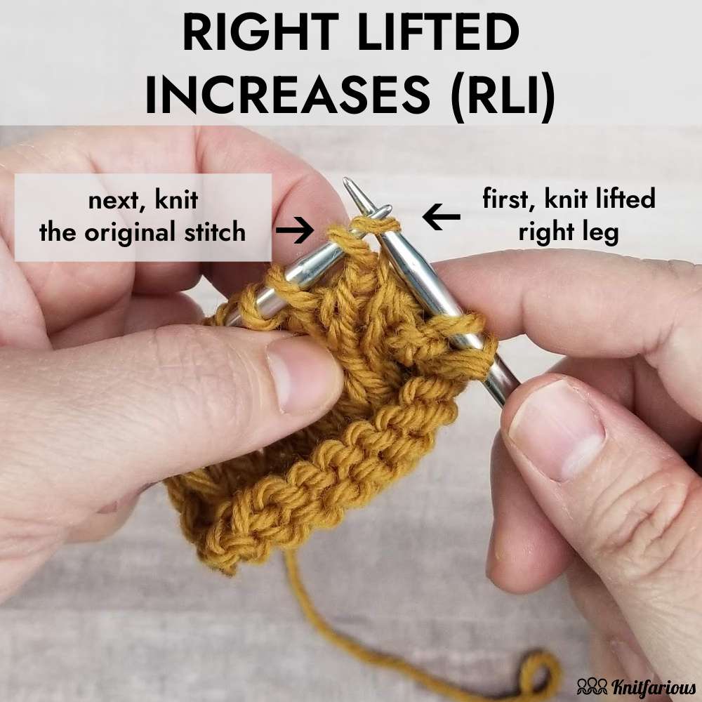 image shows the two steps to make the right lifted increase in knitting