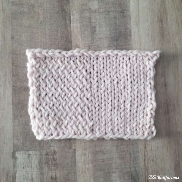 gauge swatch showing knitting through the back loop on the left half and traditional stockinette stitch on the right half