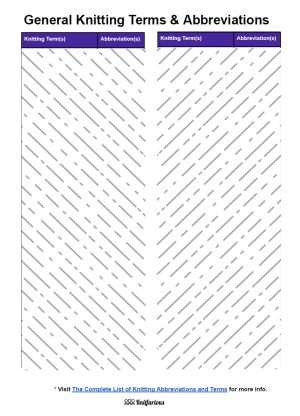 General Knitting Terms and Abbreviations Chart